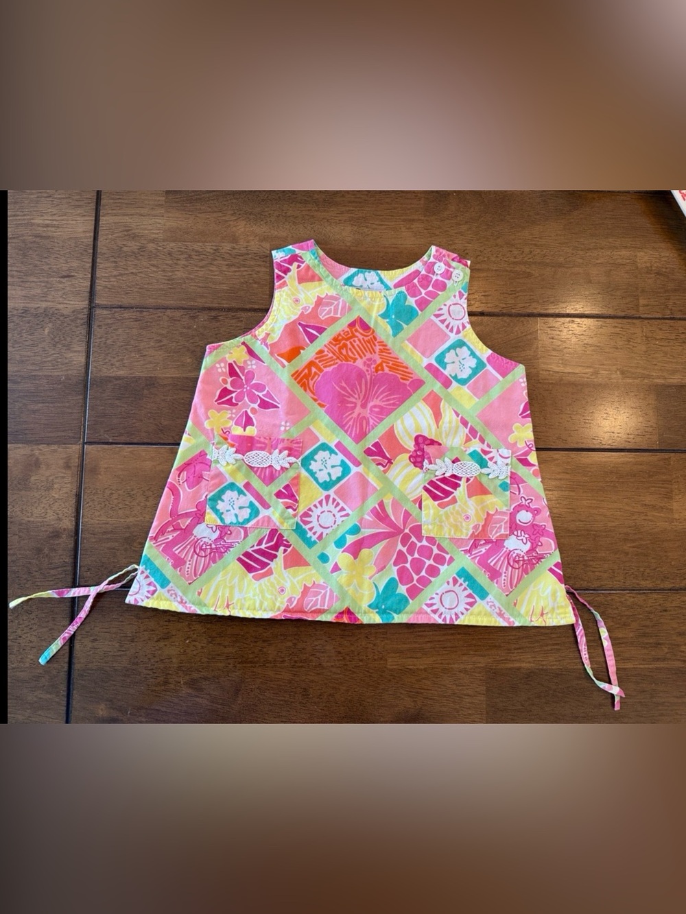 Lilly Pulitzer Pink, Yellow & Teal‎ Patchwork Top Blouse Preppy kids 100% Cotton